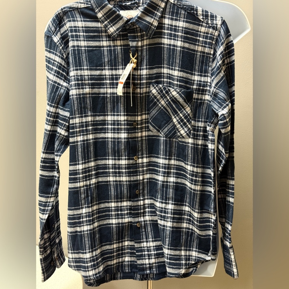 Navy and White Plaid Button Down Shirt‎